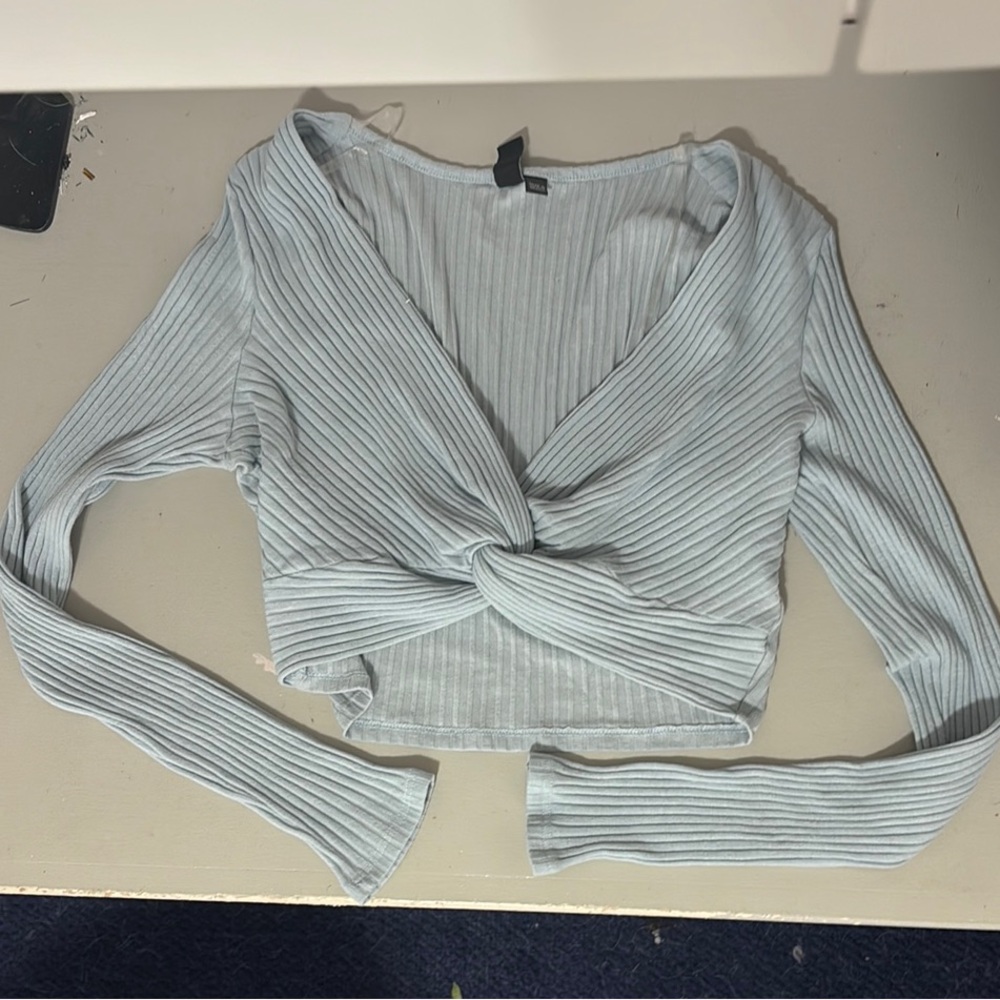 Windsor Blue and White Ribbed Tie Front Blouse